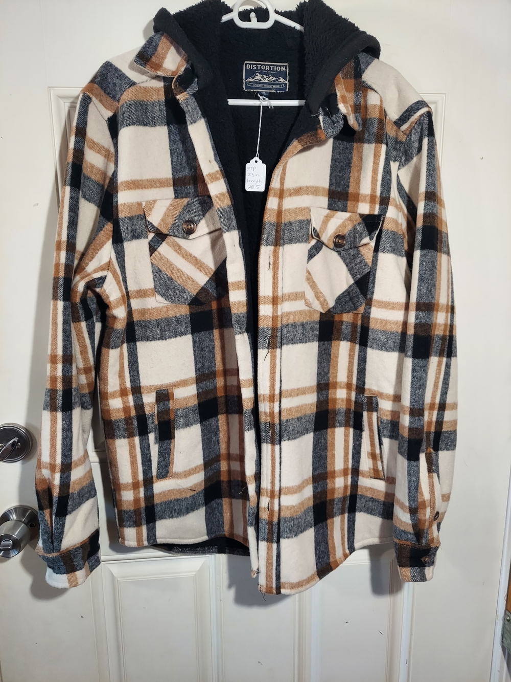 Distortion Plaid Sherpa-Lined Hooded Mens Flannel Jacket Size Large